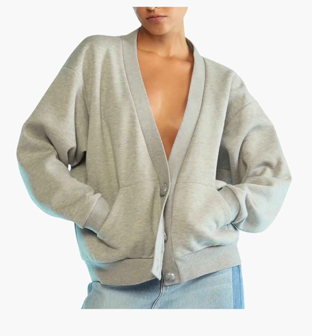 Cynthia Rowley Sweatshirt Cardigan Heather Gray Pockets Leather Buttons Medium M